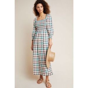 Maeve Anthropologie Cerie Plaid Puff Sleeve Smocked Midi Maxi Dress Size S